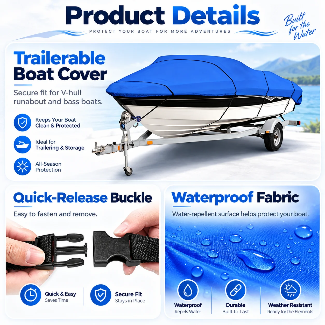 Heavy Duty Fishing Ski Boat Cover for 11-13' 14-16' 17-19' 20-22' V-Hull Waterproof  Sunproof UV Protector Boat Mooring Cover