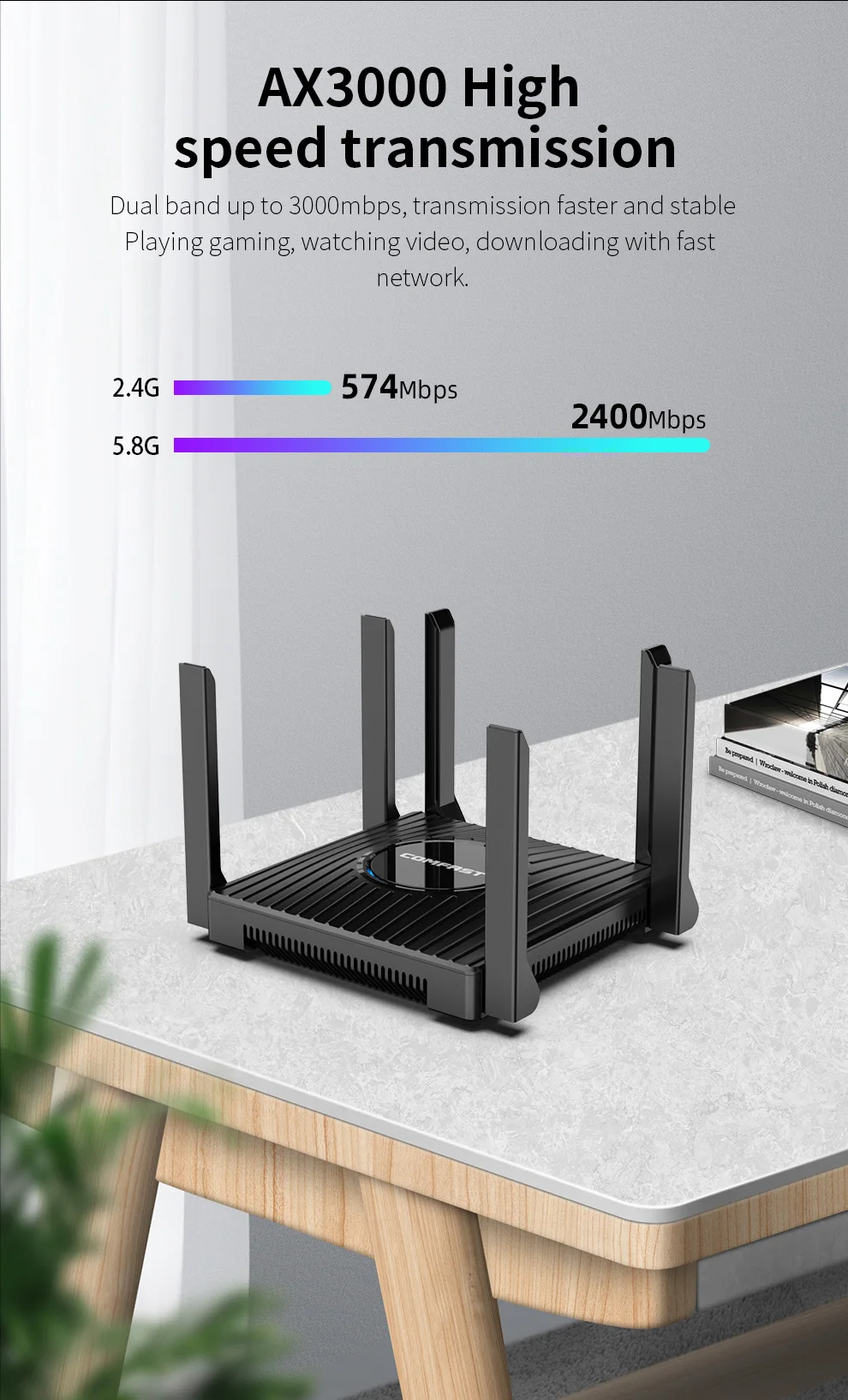 

CF-WR635AX WiFi 6 Router 3000Mbps, 6×6dBi Antennas, 512MB RAM, Dual-Band 2.4G/5.8GHz, 5×Gigabit Ports, WPA3 Security
