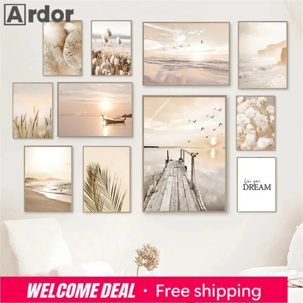 2026 Tableau sur toile, Affiche murale et Impression d'art murale style nordique, motifs Coucher de soleil, Mer, Lac, Bateau, Pont, Mouette, Plage, Feuille beige, Roseau, pour la maison