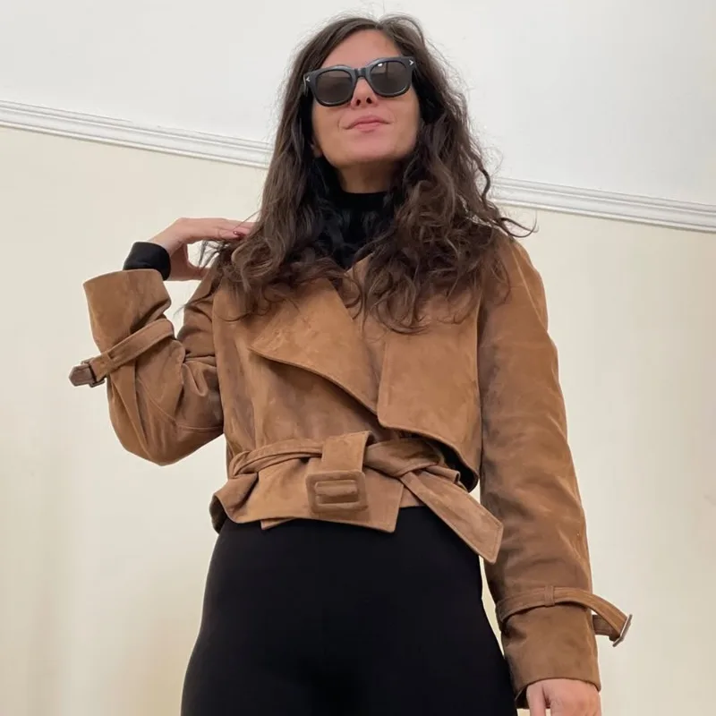 Tuularose Vintage Suède Jas Vrouwen Herfst Mode Nieuwe Solid Lace Up Slanke Jas Jas High Street Luxe Commuter Vrouwen Uitloper