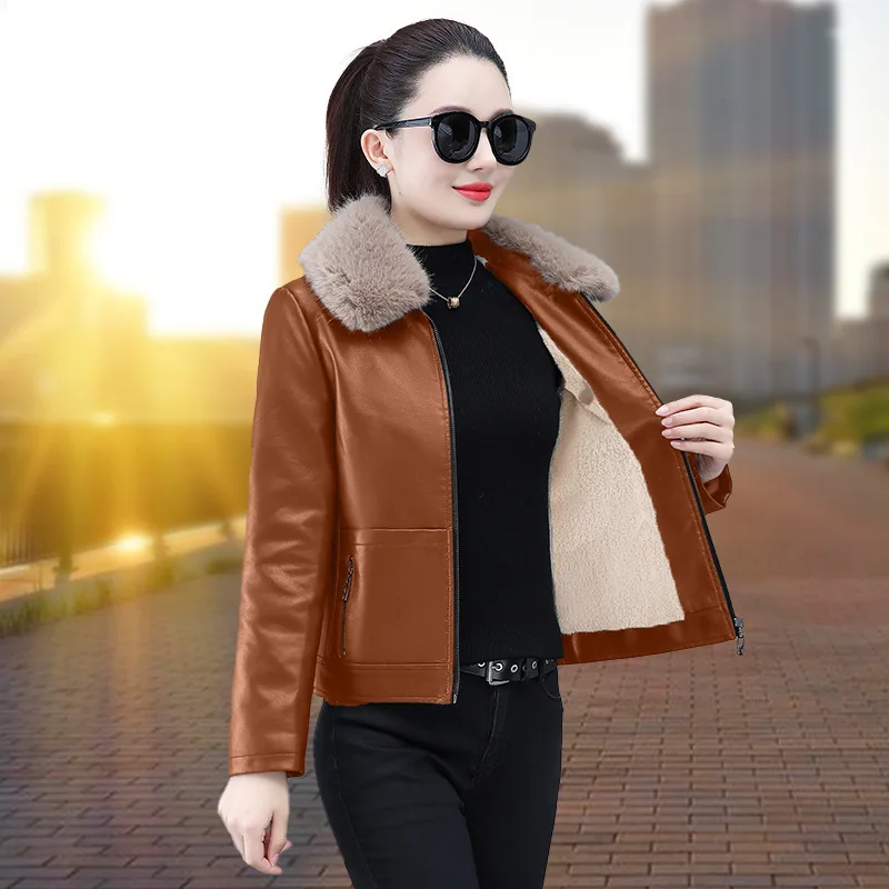 

Весенне-осенняя женская куртка из искусственной кожи, новая короткая куртка на молнии с лацканами, зимнее бархатное теплое пальто из искусственной кожи, женская верхняя одежда