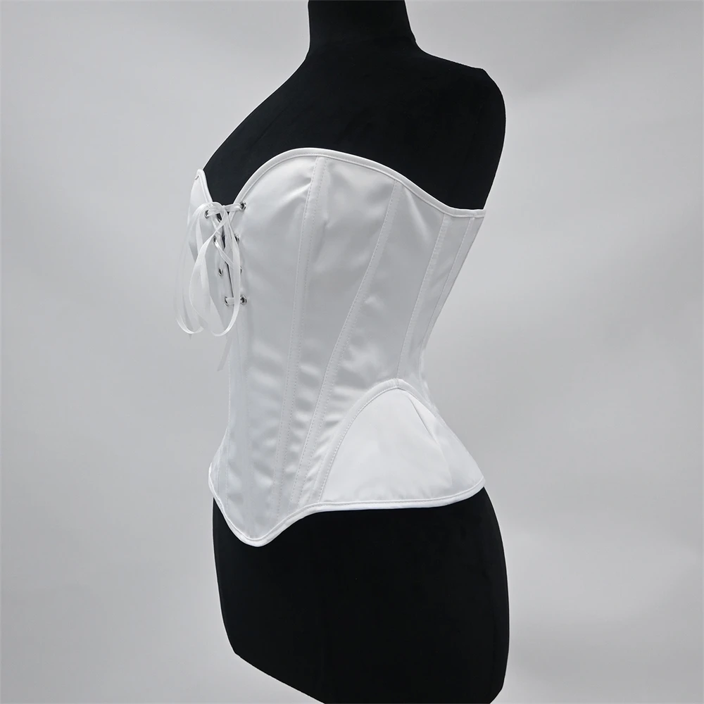 Women White Corset Bustier Overbust With Cups Lace Up Boned Bodice Strapless Slimming Bridal Korsett Party Costume Plus Size