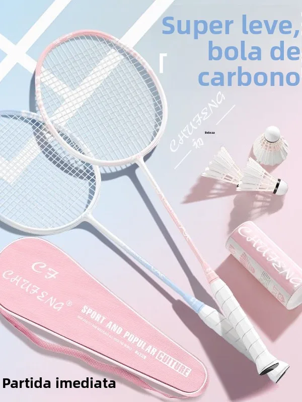 かわいいカーボンファイバーバドミントンラケット大人用シングルダブル軽量複合素材女の子専用スポーツフィットネスファン用品