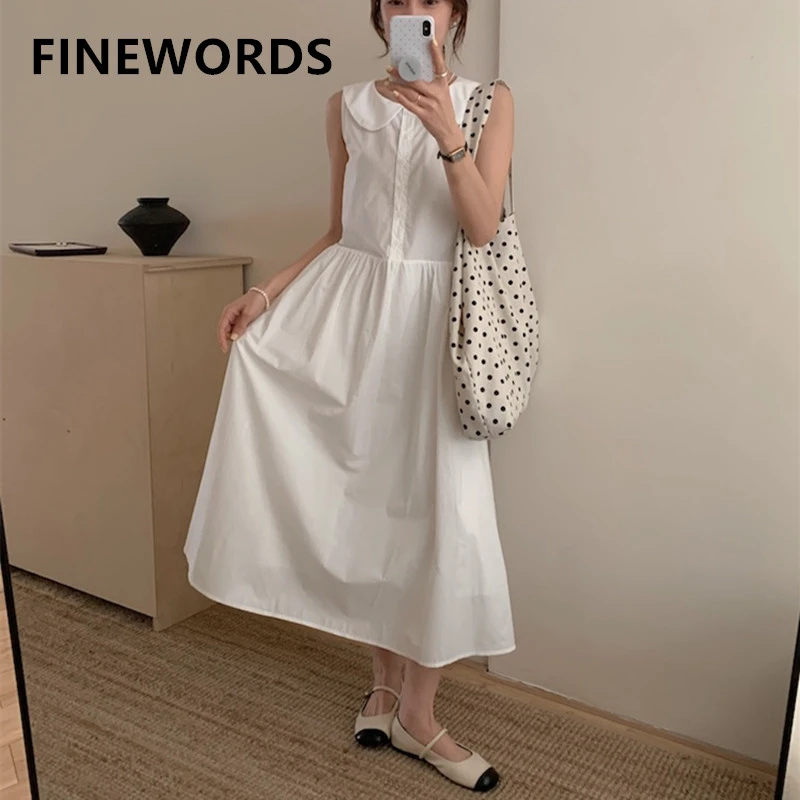 

FINEWORDS винтажное повседневное хлопковое корейское платье женское Easymatch пляжное платье однотонное свободное длинное платье без рукавов