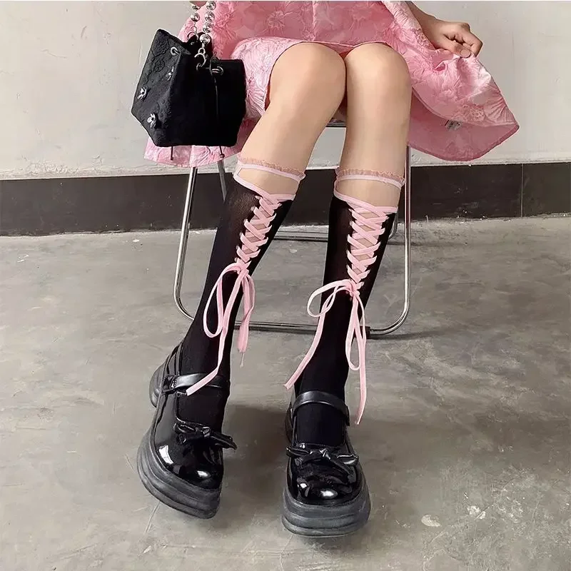 Lolita Girls Kawaii Knee High Lace Socks Women Sexy Fishnet DIY Bandage Bow Stockings Ins JK School Imitation Shoelace Mesh Sock