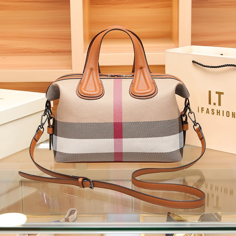 Brand Female Bag Luxury Designer Handbag High Quality Canvas Leather Shoulder Bags Wide Strap Fashion Classic Boston Hand Bag