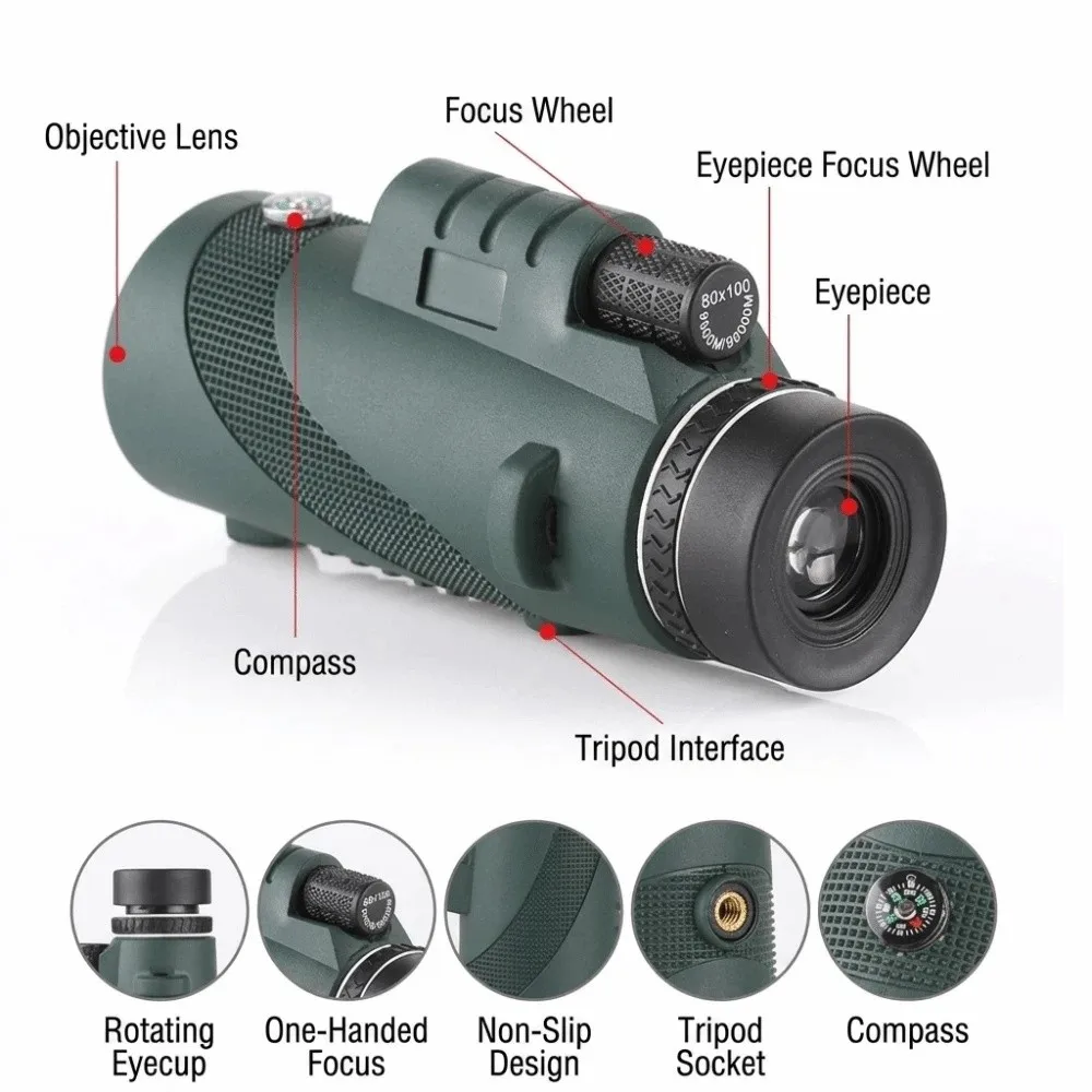 High Power Monocular Telescope Large Aperture 10X High Power Monocular Ergonomically Shaped Low Light Vision Optical Accessory