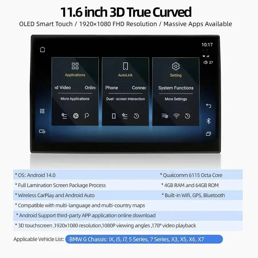 11.6 Car Rear Seat Headrest 1920*1080 3D Curved Screen For BMW G Chassis IX I5 I7 5 Series 7 Series X3 X5 X6 X7 Android Carplay