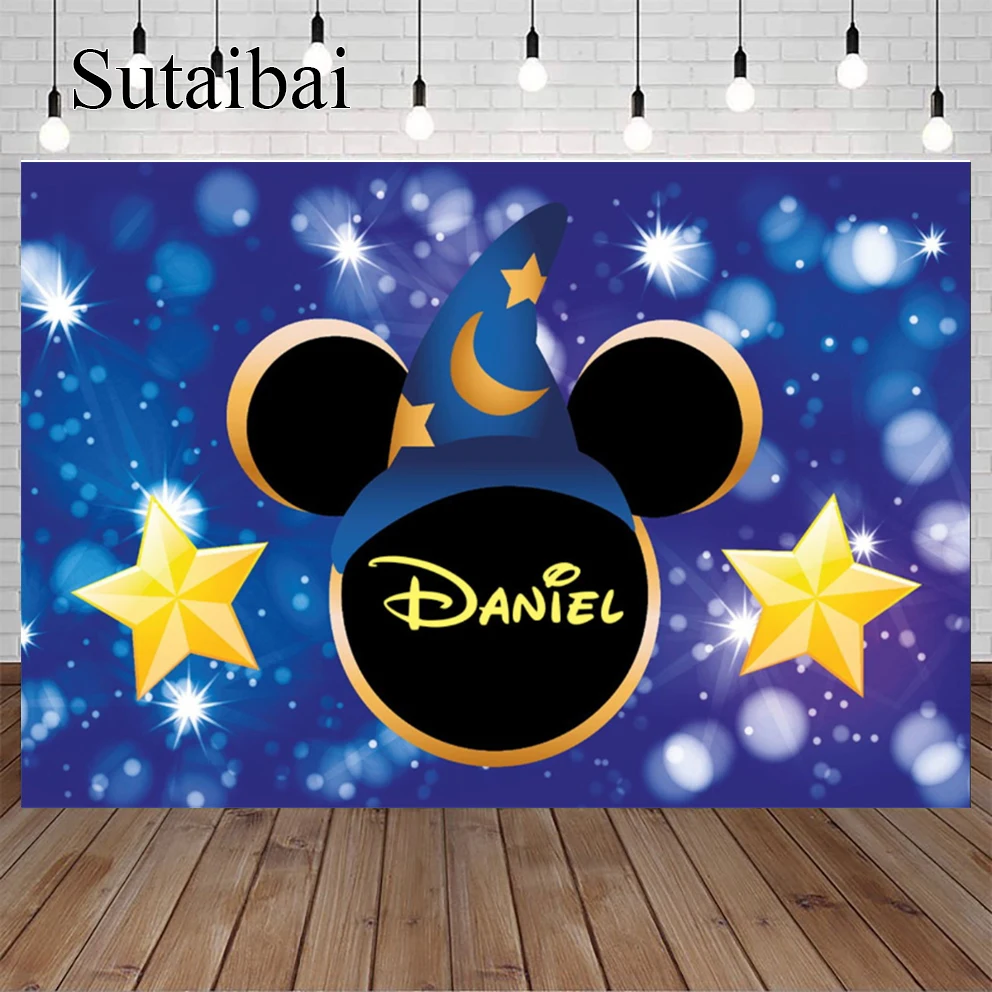 Fondo de dibujos animados de Disney para fiesta de primer cumpleaños, telón de fondo personalizado con diseño de Mickey Mouse, color azul