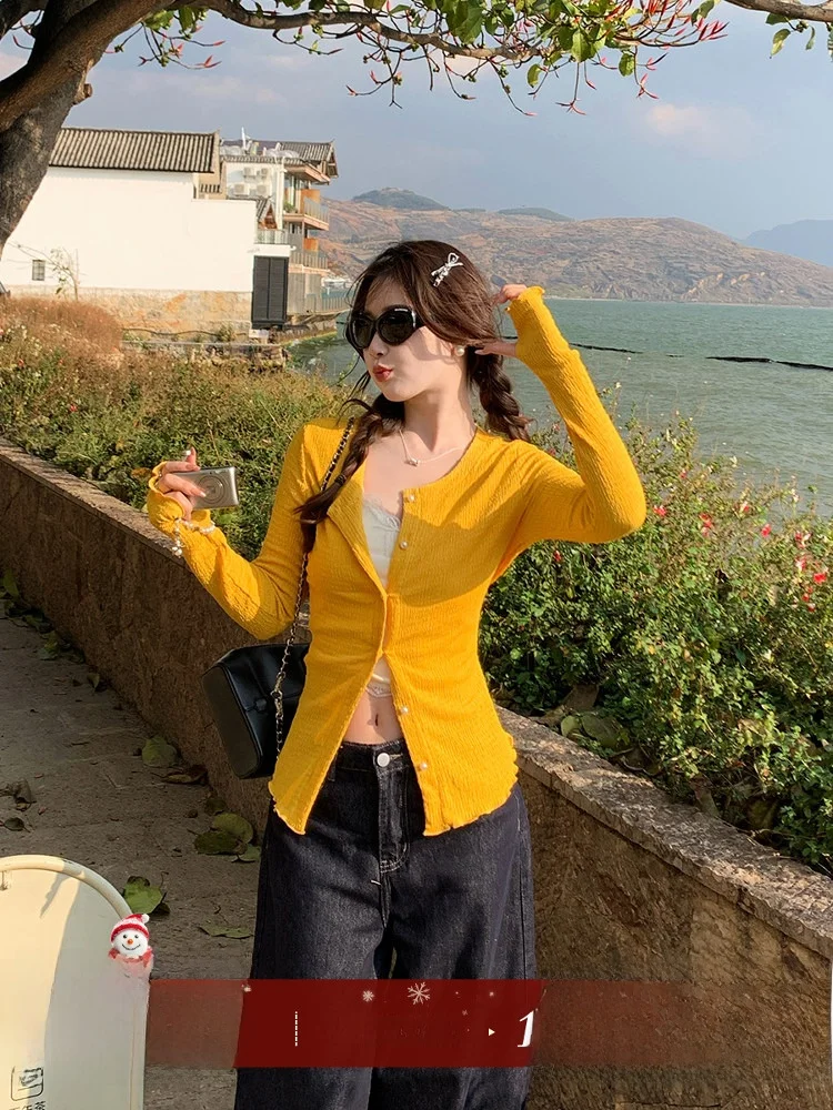 

Женский ультратонкий вязаный кардиган Su San San 2026: осенняя коллекция, желтый, приталенный, с защитой от УФ-излучения