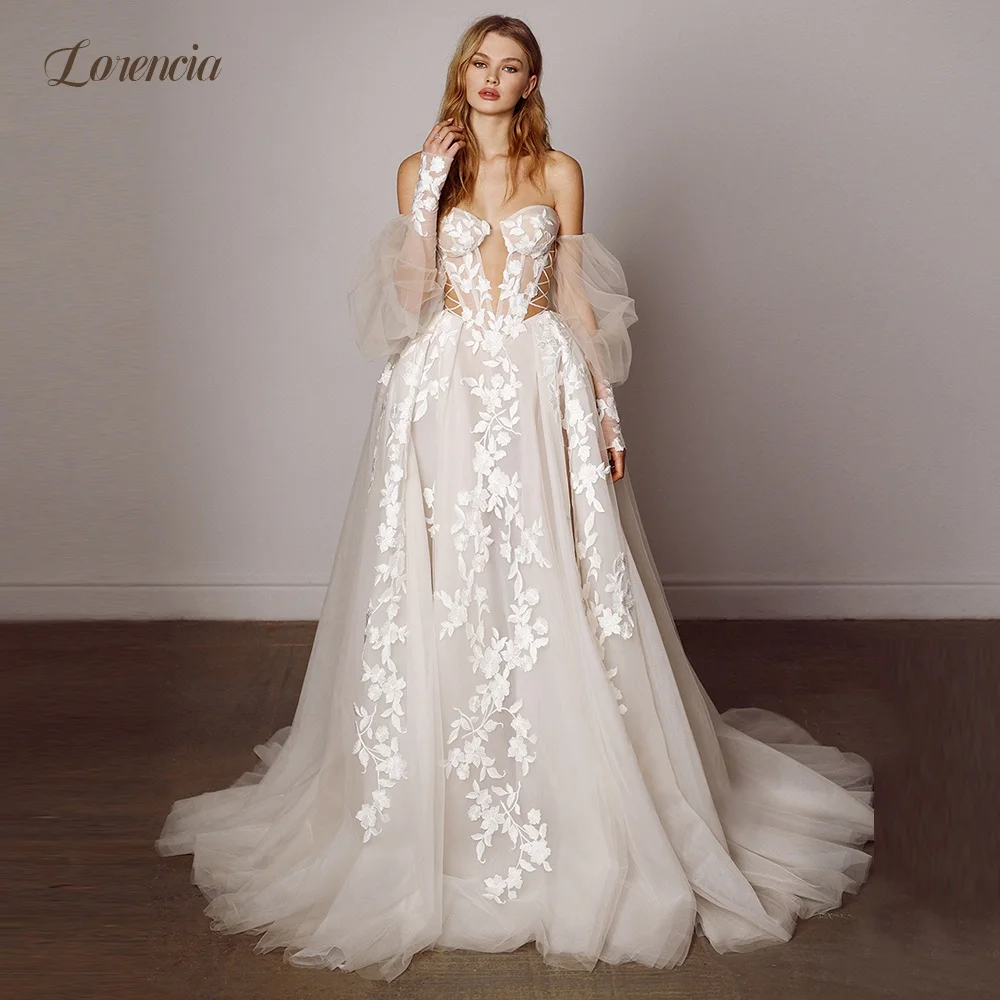 Lorencia Off the Shoulder Beach Wedding Dresses Long Sleeves Cut-out Lace Appliques Tulle A-Line Bridal Gowns Customized