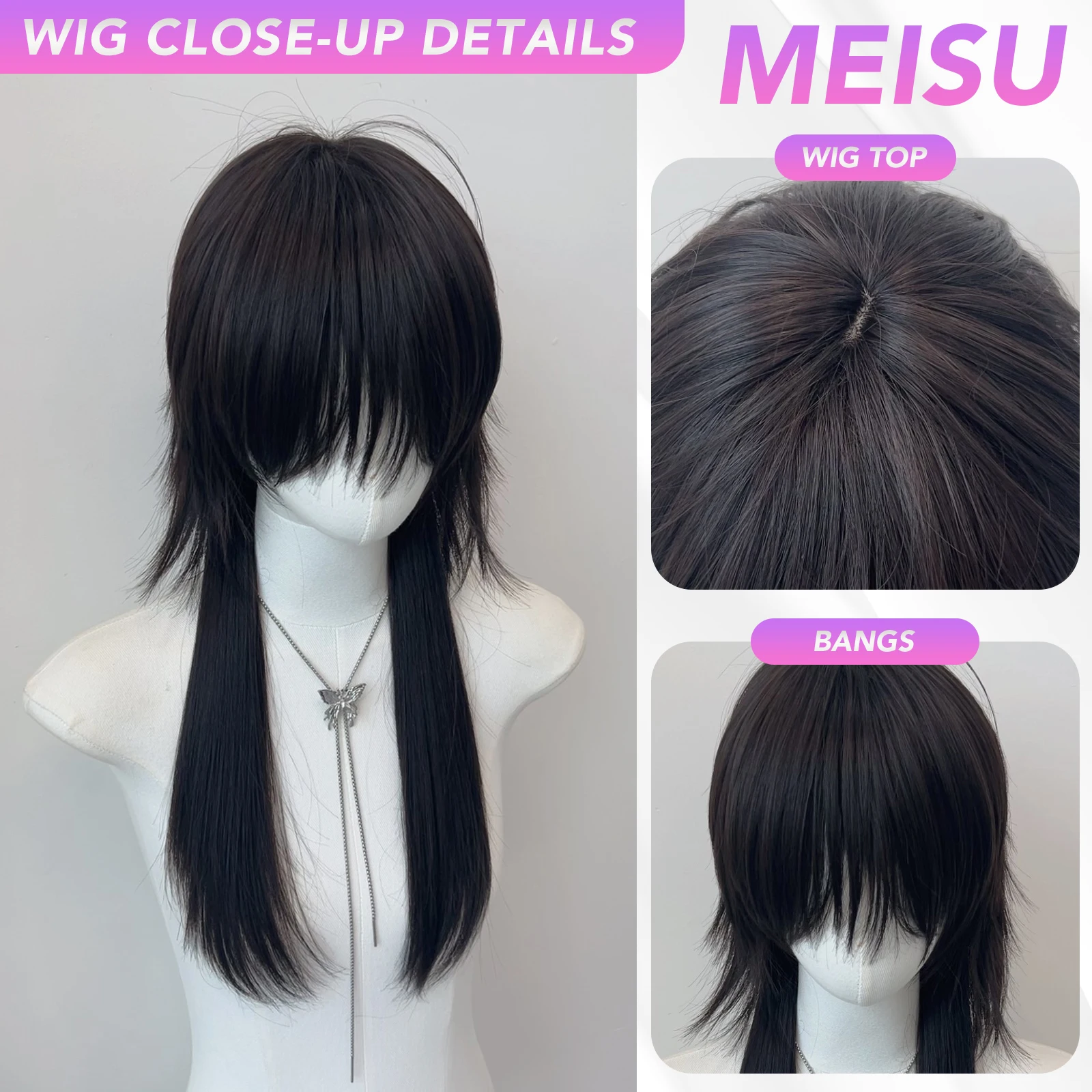 MEISU 24 インチ合成ストレートウィッグエアバングヘアブラック耐熱ナチュラルでスムーズな日常着用女性用