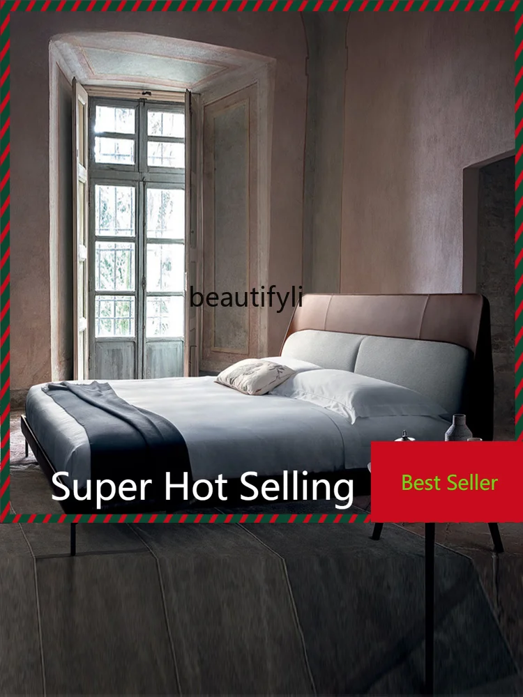 

M71 Modern Simple Leather Double Bed First Layer Cowhide 1.8 M Master Bedroom Guest Bedroom Marriage Bed Soft Pack Bed