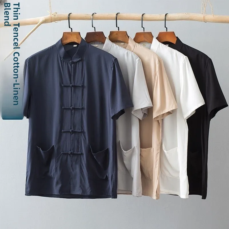 New Chinese Style Buttons Summer Short Sleeve Cotton Linen Lightweight Men's Tang Suit Top Thin Fabric Traditional Hanfu Clot...