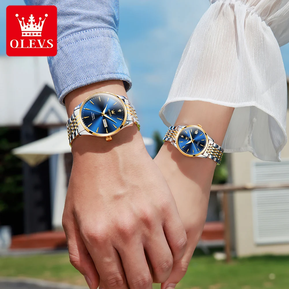 OLEVS New Luxury Couple Mechanical Watch Stainless Steel Strap Waterproof Week Calendar Luminous Fashion Casual Automatic Watch