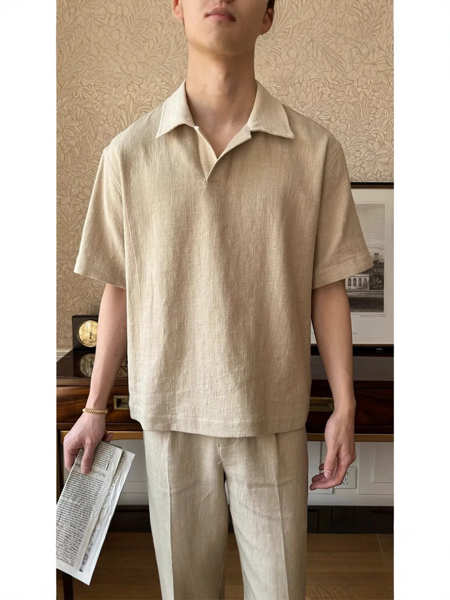 Golf short sleeve tee Summer vintage style linen polo shirt with loose collar and short sleeves retro