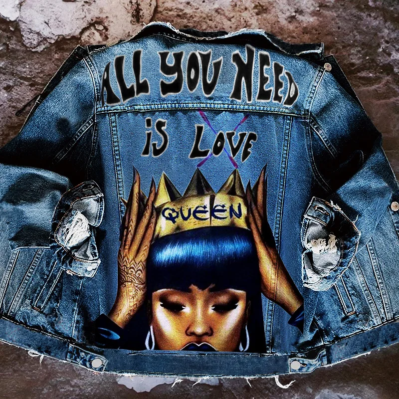 Women\'s Autumn New Hot Selling Street INS Hip-Hop Personality Girl Pattern Coronation Crown Printing Lapel Denim Jacket