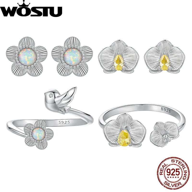 WOSTU 925 Sterling Silver Flower & Bird Phalaenopsis Open Ring Earring Set for Women Hot Sell Fine Jewelry Party Date Daily Gift