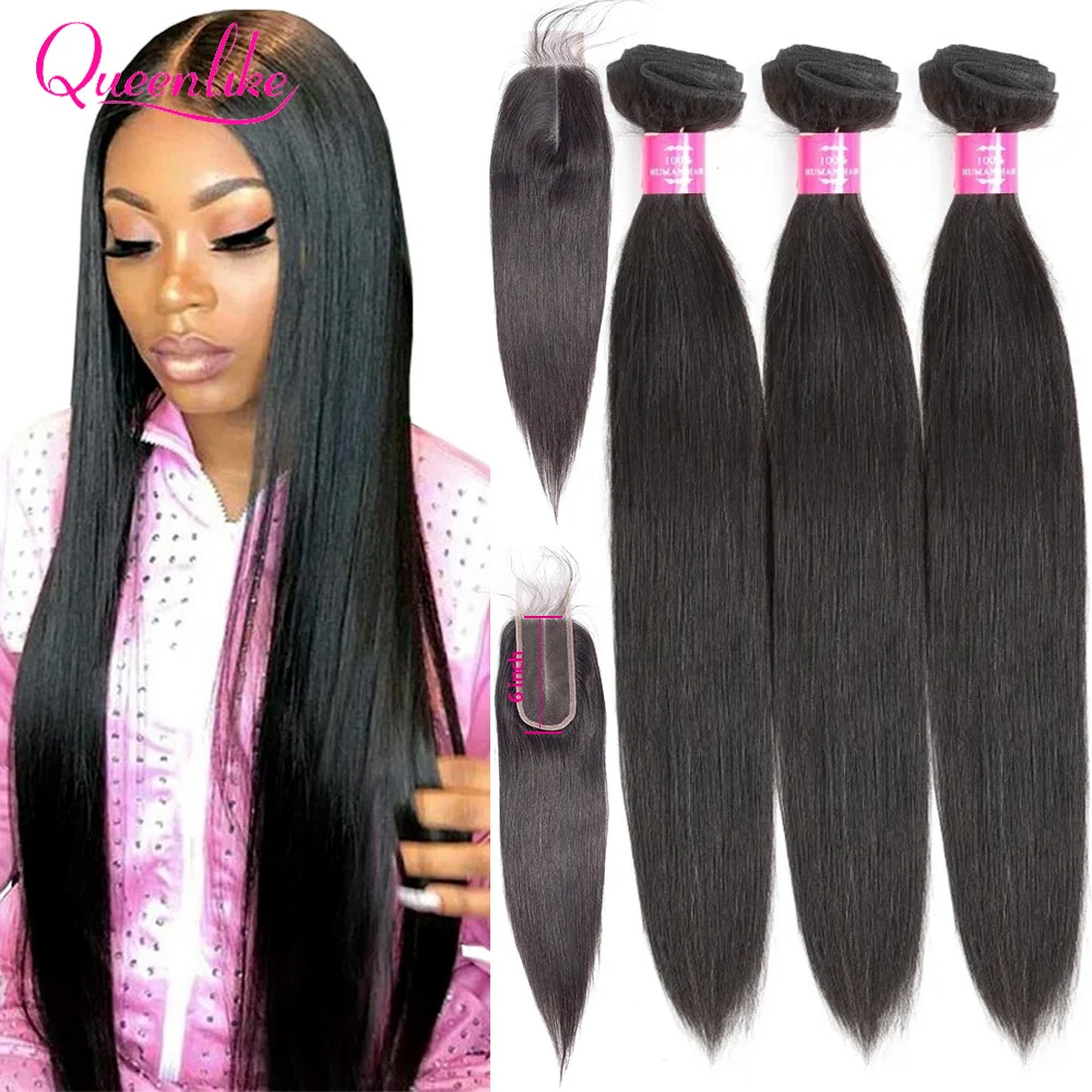 Queenlik 28 30 32 inch Straight Hair Bundles With 2x6 Deep Part Closure Brazilian Raw Human Hair Weft Bundles With Lace Closure