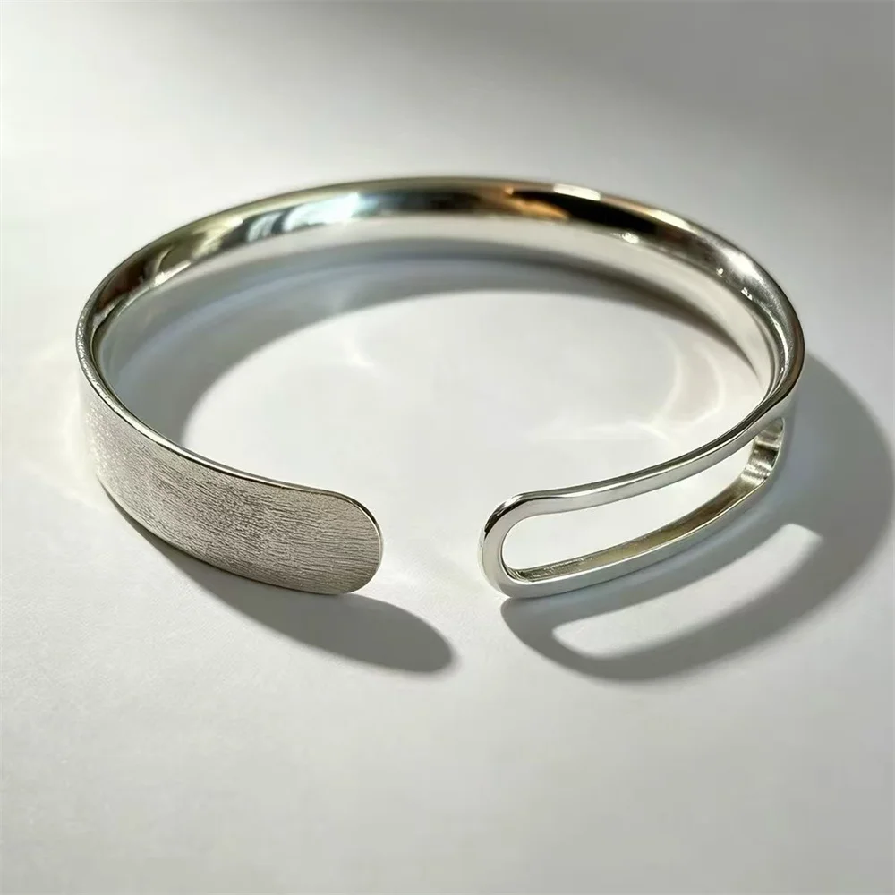 OUYADI Brushed 999 Fine Silver Half Window Bangle, High-End Minimalist Silver Bracelet for Him Her, Custom Free Engraving
