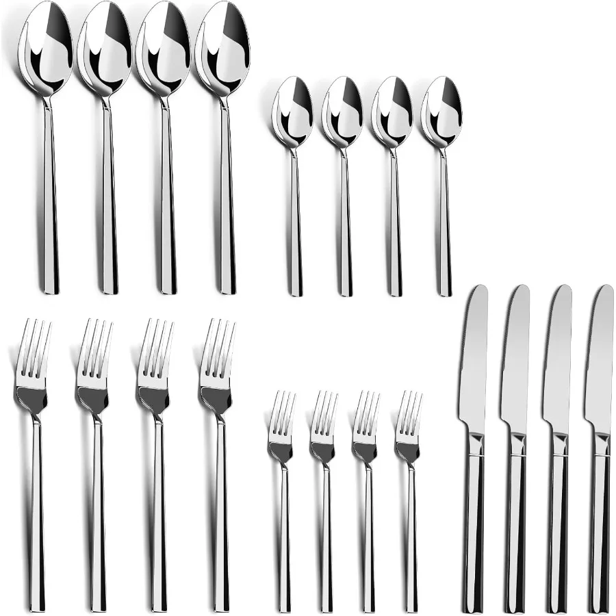 

Набор столовых приборов из нержавеющей стали из 20 предметов для 4 — 4 × 5 предметов Настройки места Нож Обеденная вилка Вилка для салата Ужинная ложка и чай