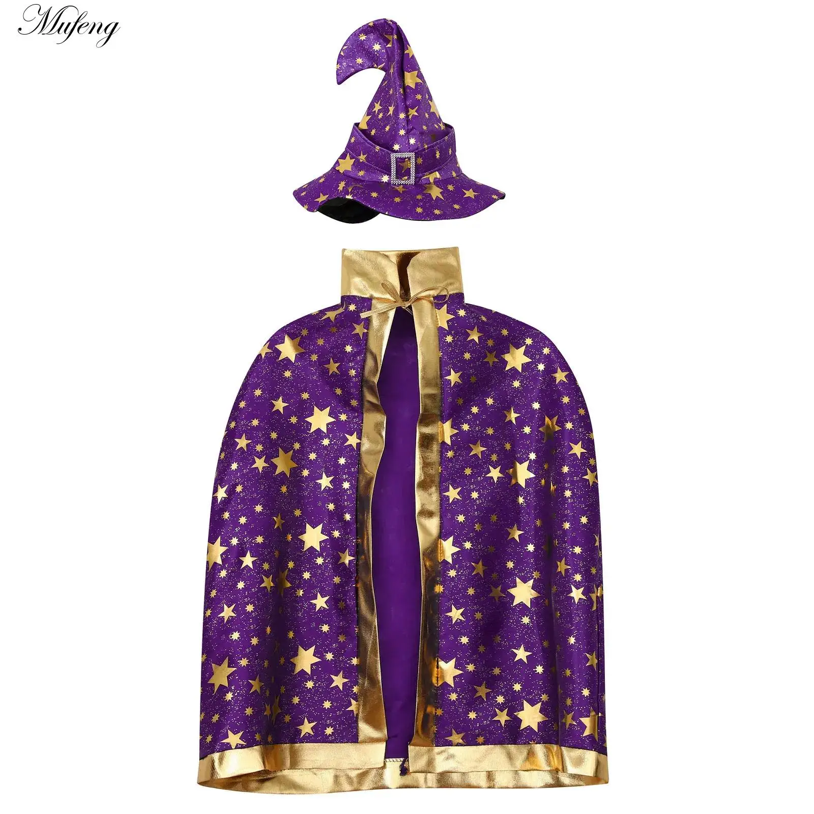 

Children Halloween Wizard Cloak with Witch Hat Costumes Metallic Shiny Star Print Stand Collar Lace-Up Cape Witch Cosplay Outfit