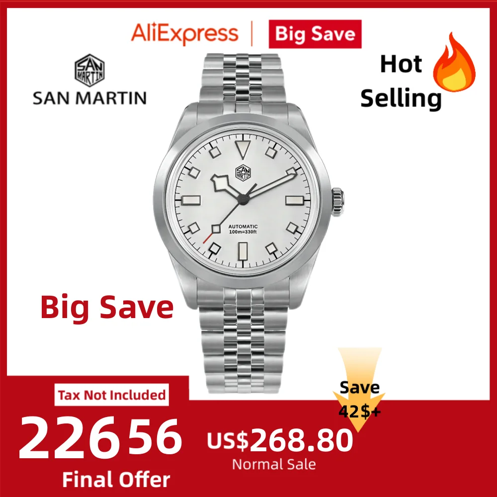 

San Martin 38mm Watch For Men 5-Link Bracelet PT5000/SW200 Mechanical Wristwatch Luxury BGW-9 Lume 100m Waterproof SN0107B
