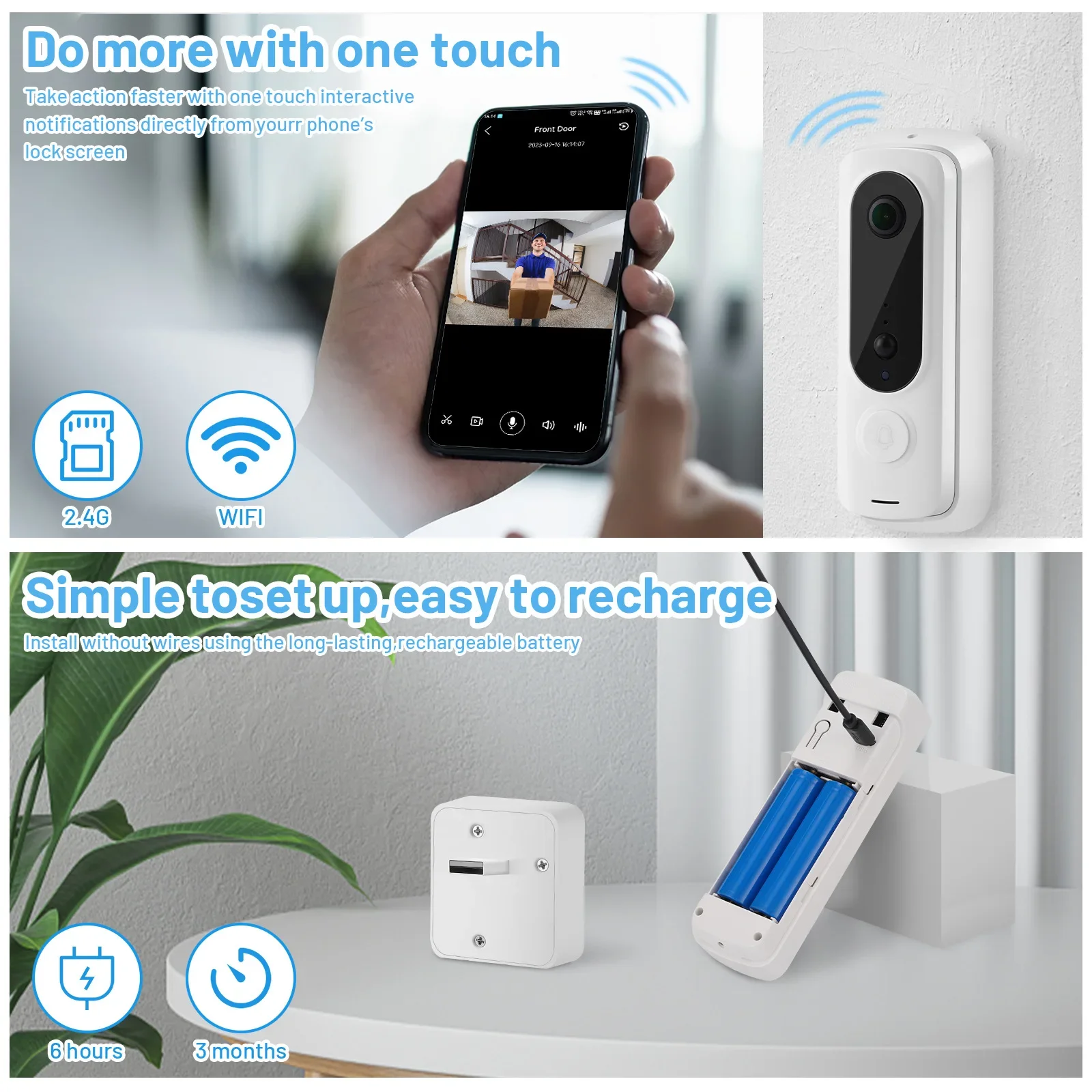 2.4G Wifi Intelligente Deurbelcamera Met 2way Audio-2-Infrarood Nachtzicht, Pir Bewegingsmelder, Stemverandering Func, Opname