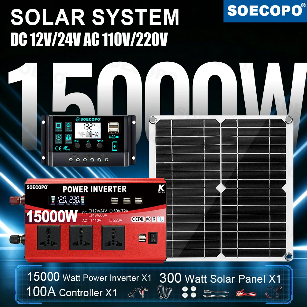 Notfall-Notfallausrüstung Feldstudio mit 15000W Solarsystem-Kit, Dual-Spannungseingang, Wechselrichter, 8 USB-Anschlüssen, Controller, 300W Solarmodul