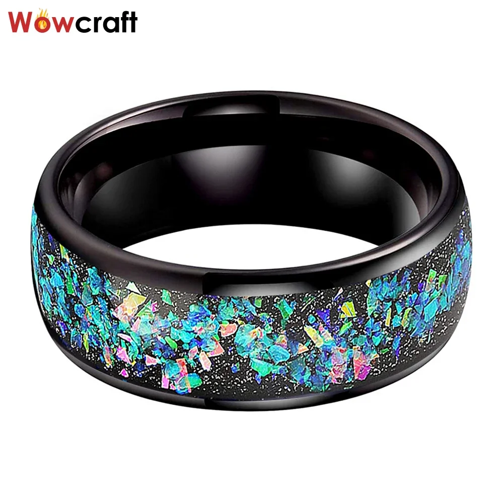 Black Tungsten Wedding Ring for Men Women Galaxy Series Opal Inlay Trendy Band Dome Polished Shiny Comfort Fit