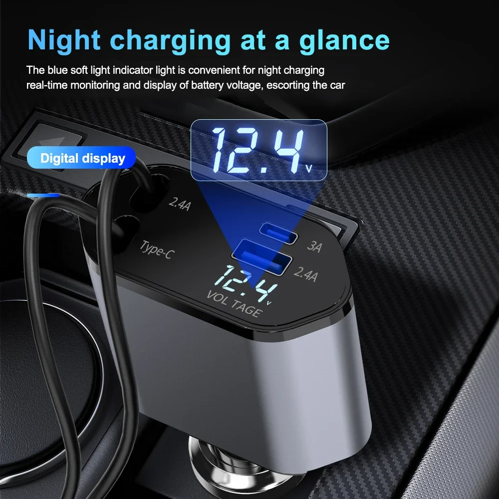 2024 New Car Charger Fast Car Cigarette Lighter Adapter with Voltage Display with Dual Expansion Cable and Dual Port for Car