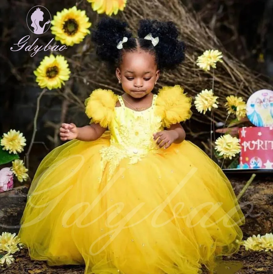 

Yellow Tulle Flower Girl Dress For Wedding Puffy Pleated Sleeves With Bow Kids Birthday Pageant First Communion Baby Ball Gown