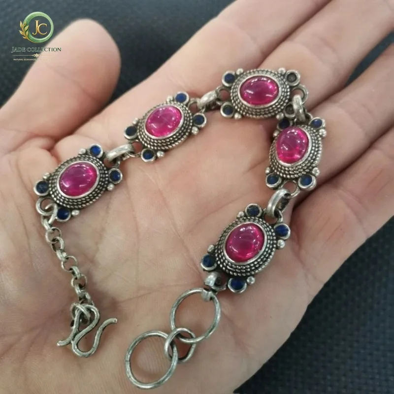 Vintage Tibetan & Sterling Silver Bracelet, Inlaid Premium Natural Star Gemstone, Ethnic Style Jewelry