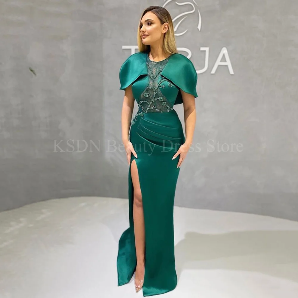 

O-Neck Short Sleeve Mermaid Prom Dresses Appliques Beading High Side Split Elegant Floor Length Formal Occasions Evening Gowns