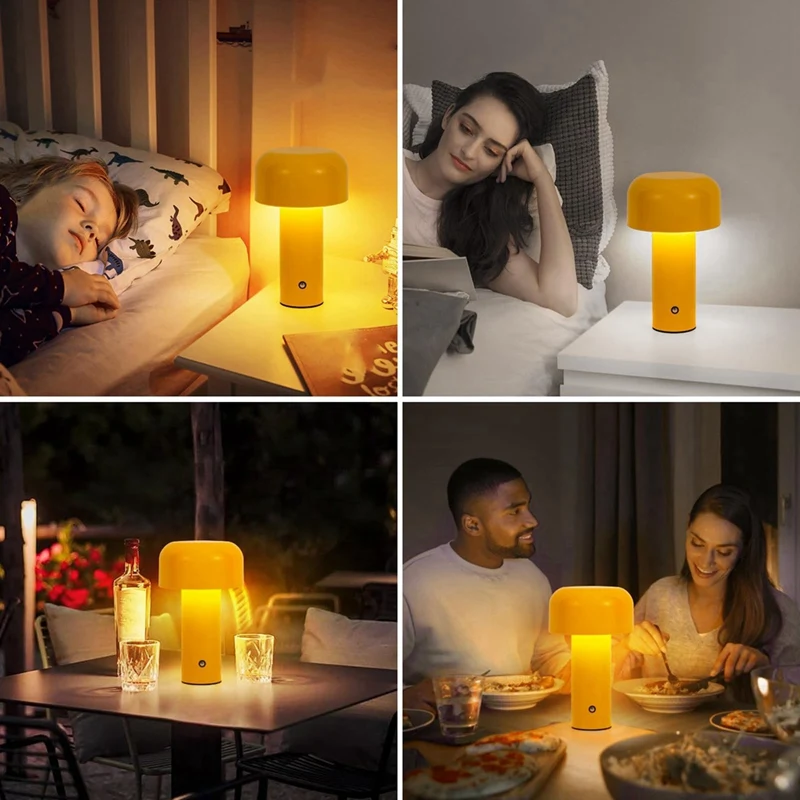 Cordless Mushroom Table Lamp,Rechargeable Operated LED Desk Lamp,3 Color Stepless Dimmable Night Light Bedside Lamp