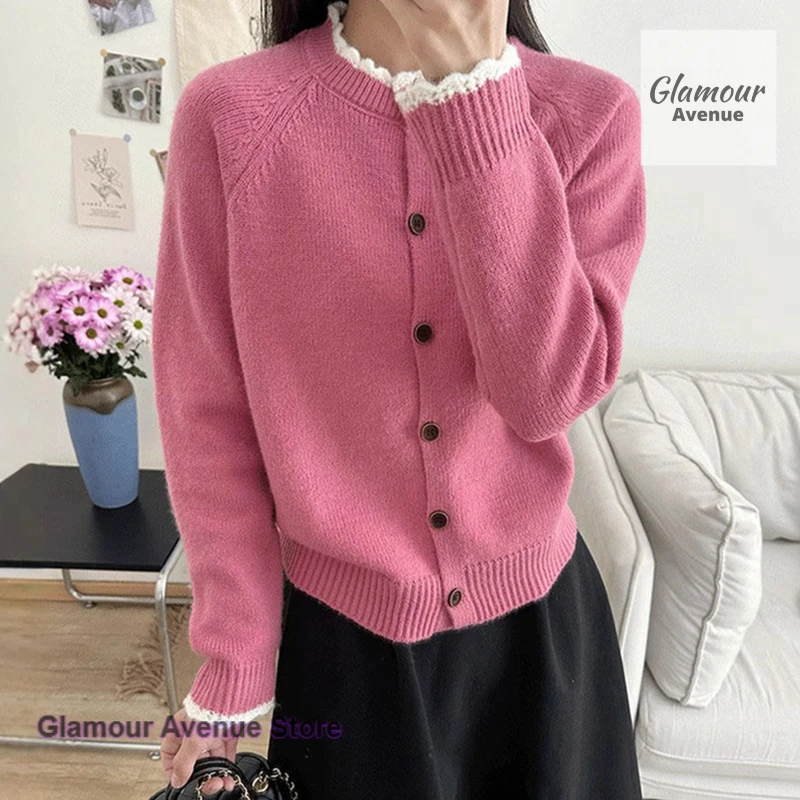 

French color matching lace knit cardigan coat women's autumn and winter new round neck sweater loose age-reducing chic top