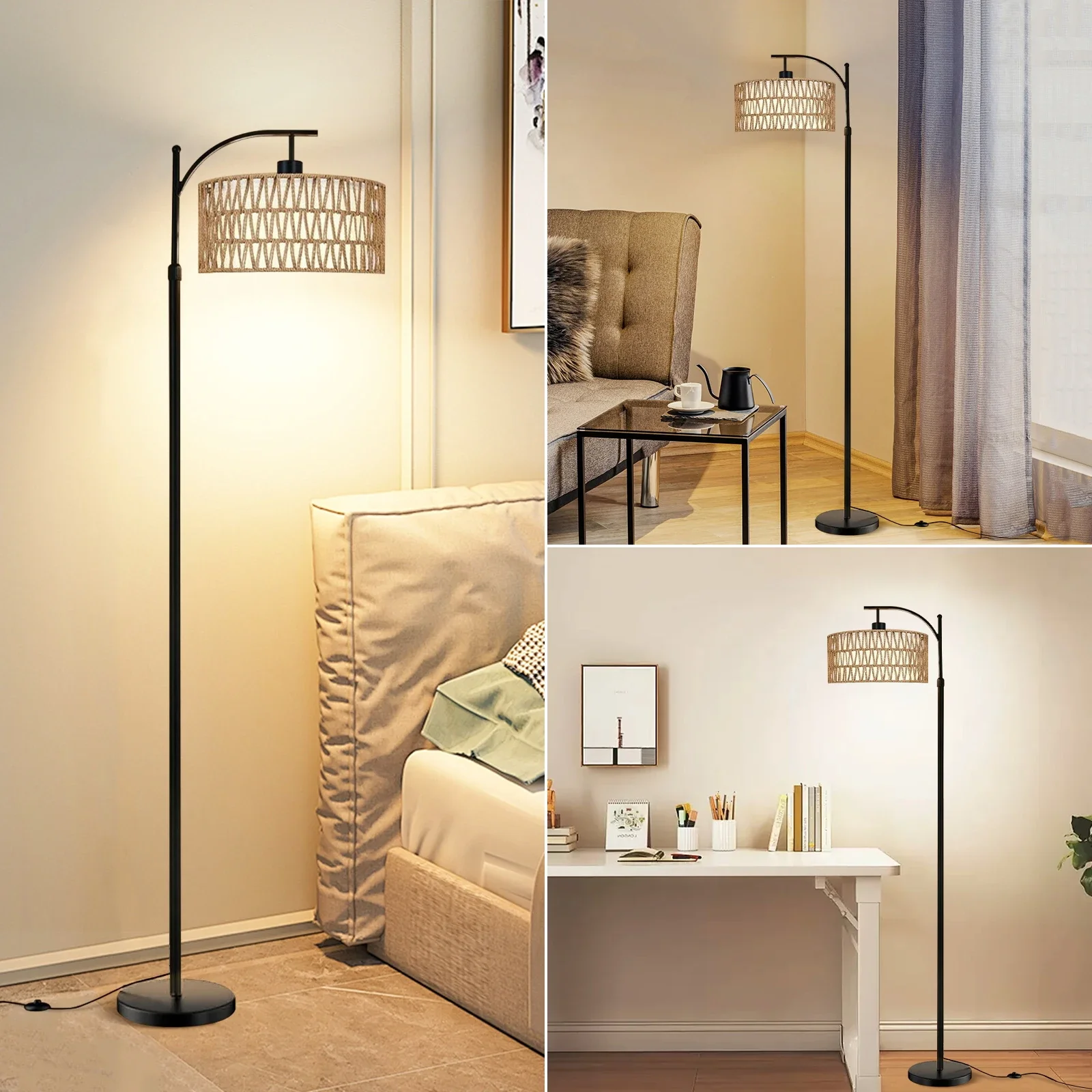 Arc Floor Lamp for Living Room Boho Standing Lamp with Rattan & Fabric Shades with 3 Color Temperature  Adjustable Tall Lamp