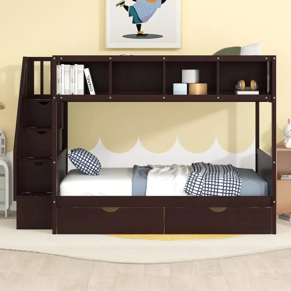 Bunk Beds, Twin Over Full Bunk Bed with Shelfs, Storage Staircase and 2 Drawers, Wooden Bunk Bedframe Bedroom Furniture