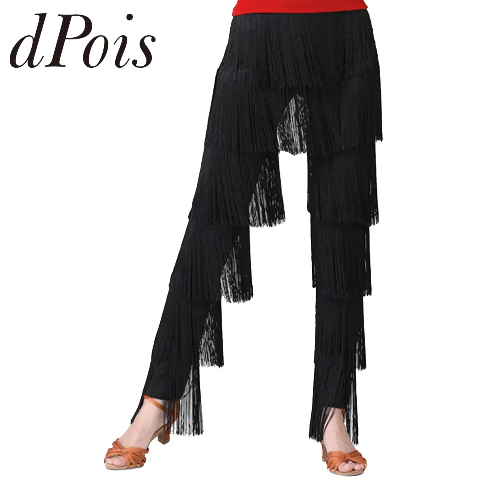 

Women Tassel Latin Dance Pants Ballroom Tango Cha-Cha Tiered Fringe Trousers Lady Solid Latin Pants Practice Performance Costume