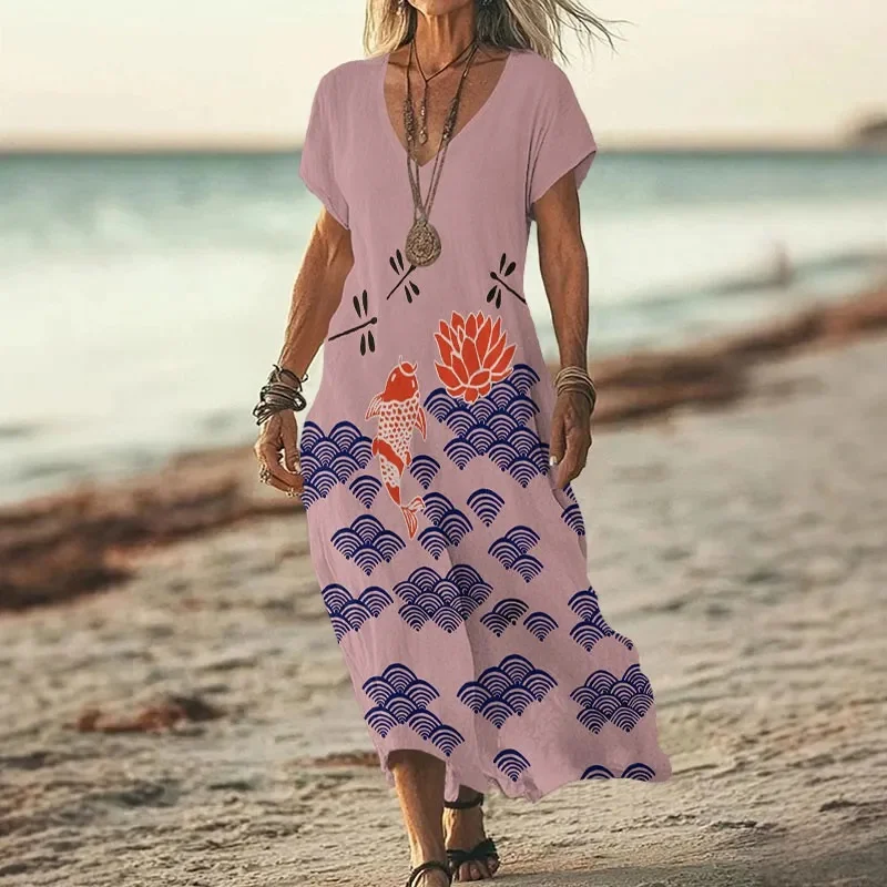 Japanese Style Koi Fish Dragonfly Wave Art Print V-neck Dress 3D Printed Casual V-neck Dress Female Dresses view 5