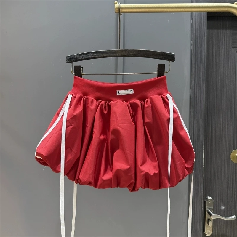 Korean style tie strap design niche bubble flower bud skirt women's summer dress loose casual quick drying spicy girl half skirt