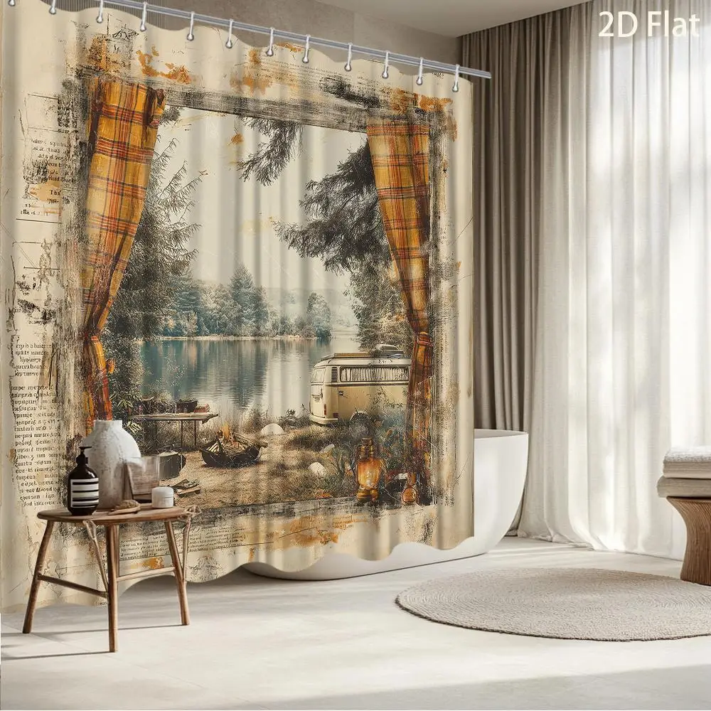Vintage Rustic Bathroom Shower Curtain Waterproof Watercolor Sketch Landscape Art Boho Home Decor Shower Curtain Liner