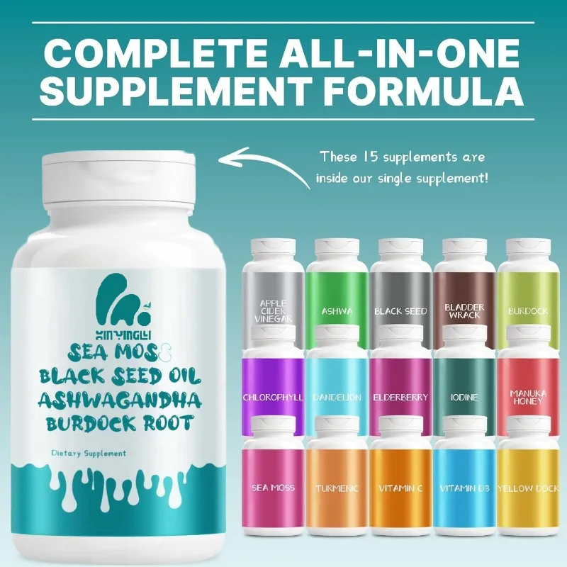 Black seed oil, seaweed capsules, burdock root capsules containing vitamins, elderberry, manuka, dandelion-60 capsules