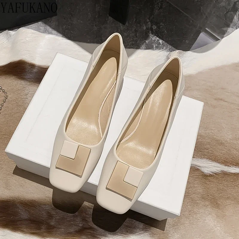 Zapatos de tacón alto con punta cuadrada para mujer, calzado elegante de trabajo de oficina, cuero suave, cómodo, tacón medio, informal, 2024