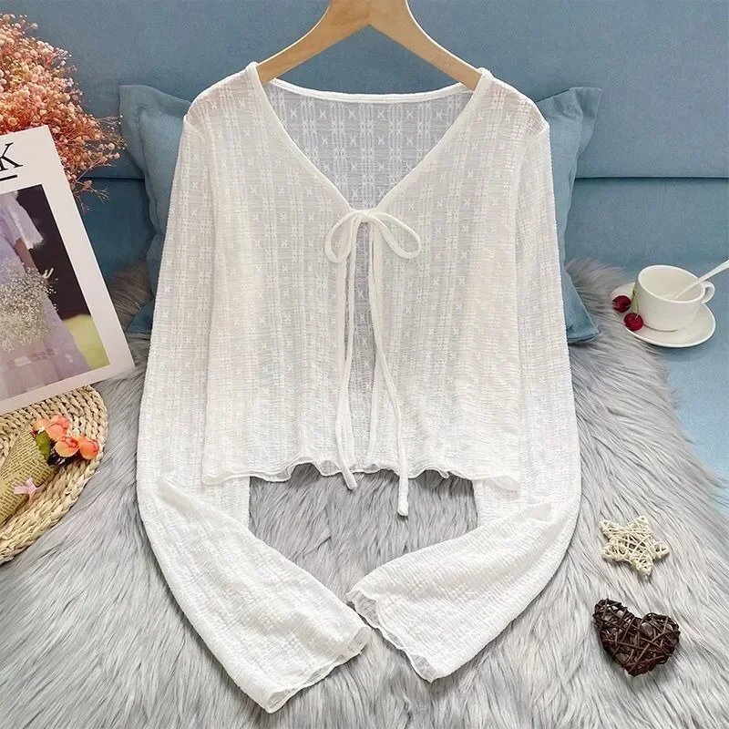 

Woman Thin Cardigan Ice Silk Summer Bow Sun Protection Solid Color Short Top Womens Korean Fashion Knitted Top Women Clothin