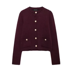Knit Cardigan with Buttons for Women Coat Harajuku Vintage O-neck Cardigan Women's Autumn Sweater Burgundy Sweater