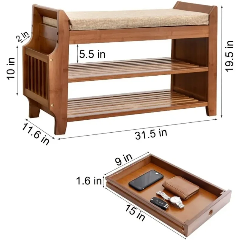 Shoe Storage Bench, Bamboo Rack Bench with Hidden Drawer and Side Holder, 2 Tier Entryway Storage, 31.5