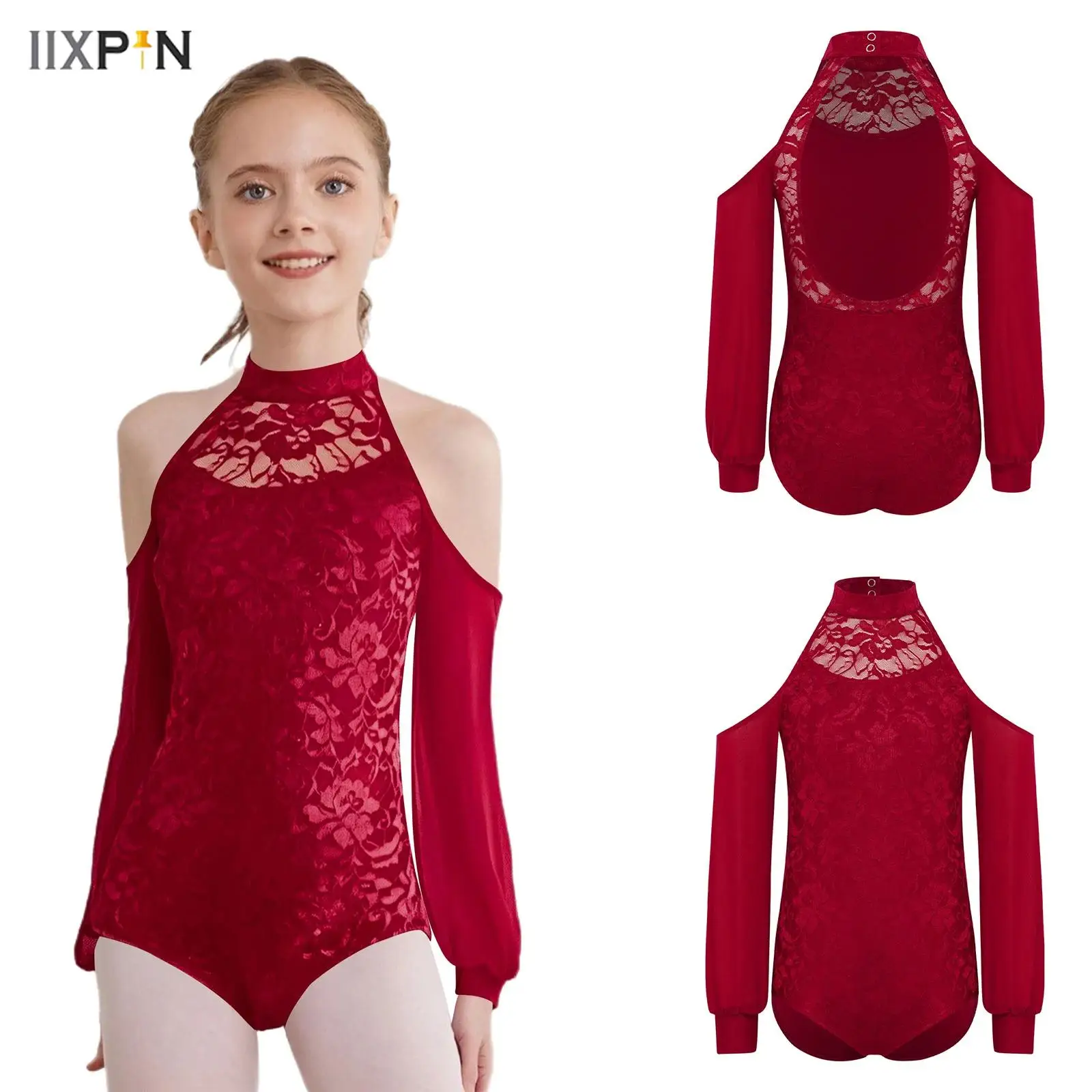 

Kids Girls Ballet Gymnastics Figure Skating Dancewear Cold Shoulder Mock Neck Cutout Back Sheer Mesh Long Sleeves Lace Leotard