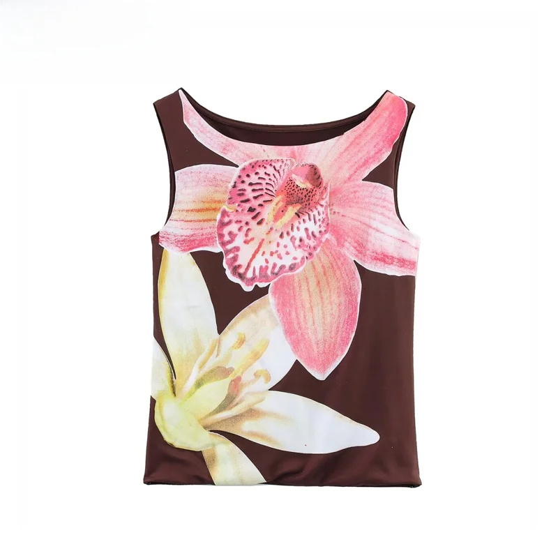

ZBZR Spring New Faion Simple Floral Print Nylon Women's Top Sli Versatile Plant Pattern Polyester Fiber Slim Fit ter