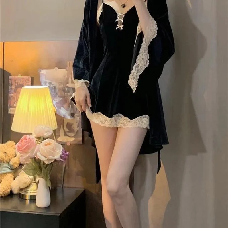 Gown Sets Women Comfortable Korean Style Breathable Kawaii Mini Ins Popular Homewear Basic Sweet Spring New Design Lace Bow Cozy